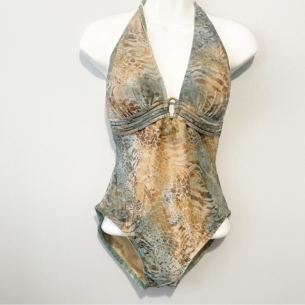 MagicSuit green animal print bathing suit vintage one piece swim size 10 Union
